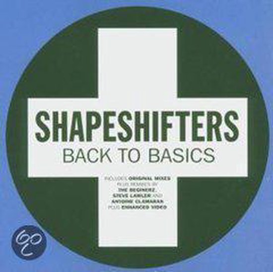 Groene cirkel met een wit kruis. Tekst "SHAPESHIFTERS BACK TO BASICS" in witte letters.