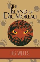 Boekomslag van "The Island of Dr. Moreau" door H.G. Wells, met een cirkel met katachtige ogen en struiken, omringd door pootafdrukken.