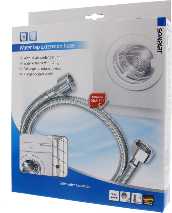 Scanpart gepantserde verlengslang 3 meter - Veilige verlenging van waterslang - Geschikt voor wasmachine vaatwasser boiler koffiezetapparaten ijsblokjesmachine side-by-side koelkasten - KTW-A en DVGW goedgekeurd - Gevlochten RVS - Universeel