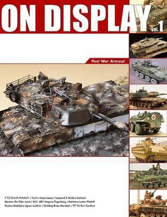 Omslag: 'On Display Vol 1 Post War Armour' met gedetailleerde modellen van militaire tanks.