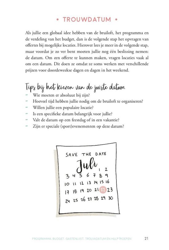 Een pagina uit het boek 'Trouwen doe je zo!' met een kalenderillustratie.