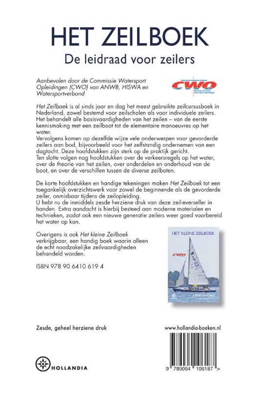 De achterkant van het boek "HET ZEILBOEK" met tekst en een kleine afbeelding van een zeilboot.
