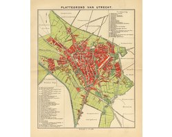Utrecht, mooie vergrote reproductie van Utrecht uit ca 1910, met veel benamingen van scholen, kerken, stations en overheidsgebouwen