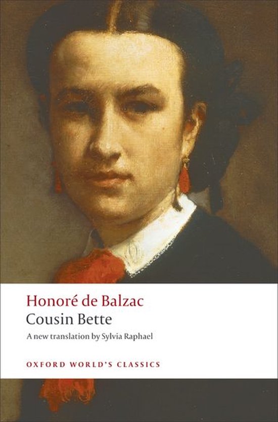 Boekomslag van Cousin Bette door Honoré de Balzac met een klassiek portret van een vrouw met rode oorbellen.