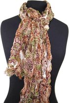 Dames sjaal met bloem motief - gekreukt katoen - cognac - bruin - crème - groen - 35 x 180 cm