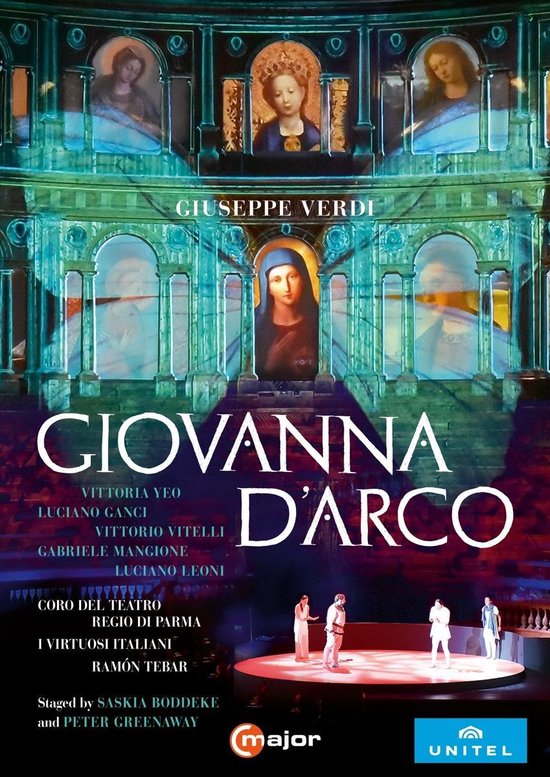 Poster voor Giuseppe Verdi's Giovanna D'Arco met een afbeelding van een theaterpodium met een gestileerde architectuur en schilderingen.