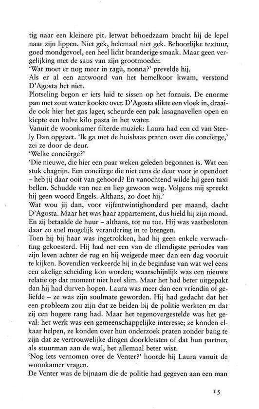 Tekstpagina 15 uit een boek, over een personage genaamd D'Agosta die pasta kookt.
