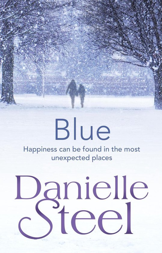 Boekomslag van 'Blue' met twee silhouetten die lopen in de sneeuw onder bomen. Titel 'Blue' in blauw, Danielle Steel in paars.