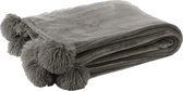 J-Line Plaid Pompom - fleece deken - polyester - grijs - 170 x 130 cm - woonaccessoires