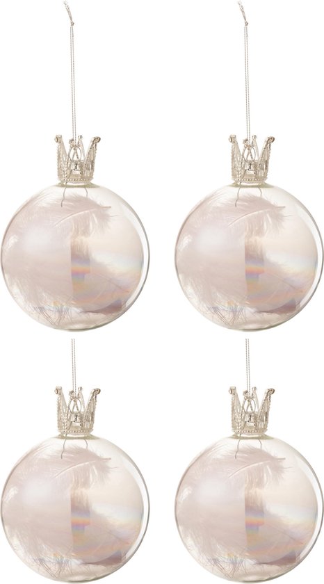 J-Line Doos Van 4 Kerstballen Kroon Pluim Licht Roze Glas Klaar Medium