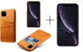 Card Case voor Apple iPhone 12 | PU Leren Back Cover | Luxe Telefoonhoesje | Pasjeshouder | Beige + 1x screenprotector