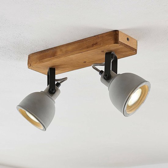 Lindby - LED plafondlamp - 2 lichts - dennenhout, beton - H: 19 cm - GU10 - grijs, hout donker