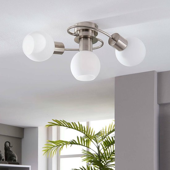 Lindby - Plafondlampen - 3 lichts - Glas, metaal - H: 17.5 cm - E14 - wit, nikkel gesatineerd