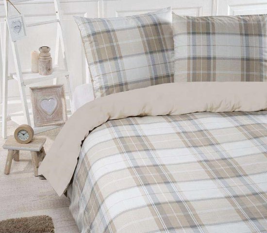 Housse De Couette 240x220cm En Flanelle De Coton à Carreaux Beige - Modèle Bastien - Chaud Et Doux