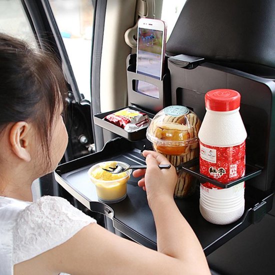 Universele auto eettafel voor de achterbank, veelzijdig inklapbaar, met beker- en flessenhouder, organizer voor mobiele telefoon voor in de auto - zwart - Merkloos