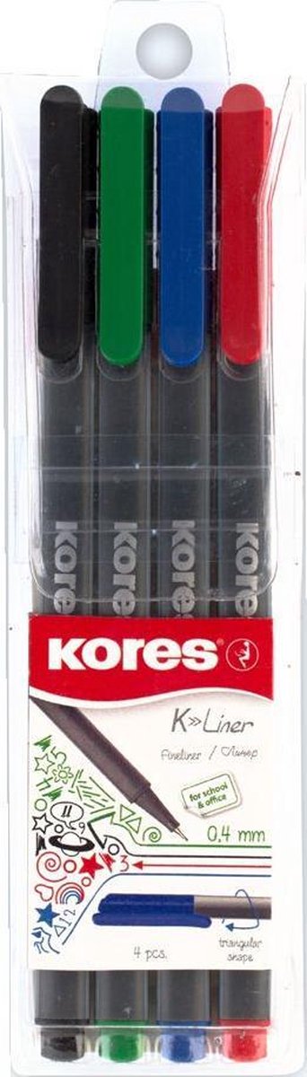 Kores FL28114, 4 stuk(s), Zwart, Blauw, Groen, Rood, Fijne punt, Meerkleurig, Rond, 0,4 mm