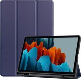 Hoes Geschikt voor Samsung Galaxy Tab S7 - Smart Tri-Fold Tablet Book Case Cover met Penhouder - Blauw