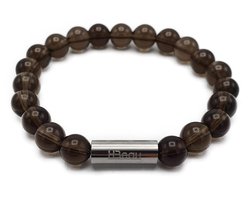 H-Beau - Handgemaakte Armband van Edelstenen - Natuurstenen - Rookkwarts - Kralen - RVS Kraal - 8mm - lengte 16,5cm - Gepolijst – Transparant - Bruin - Dames - Tiener - Unisex - Sterrenbeeld - Horoscoop - Stier - Steenbok