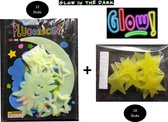 Muurstickers Glow-in-the-Dark / Glow in the Dark / Fluorescent Maan, Zon en Sterren Set 12 Stuks  Geel Kleur + 18 EXTRA Geel Sterren / Lichtgevend PVC Sticker - Kinderen - Muurstickers - Deco
