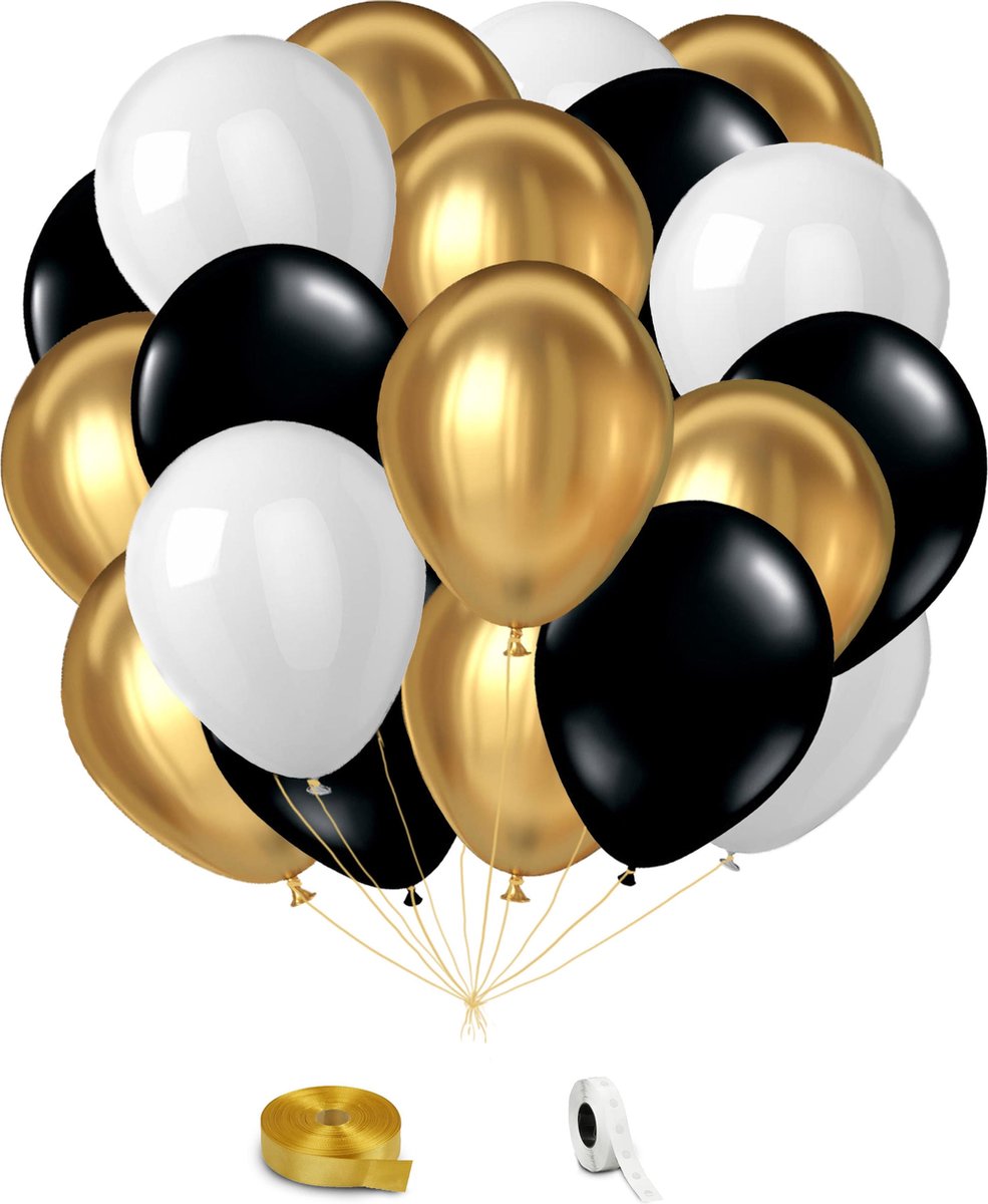 Goud, Zwart & Wit Helium Ballonnen met Lint - 24 stuks - Verjaardag  Versiering - Decoratie | bol.com