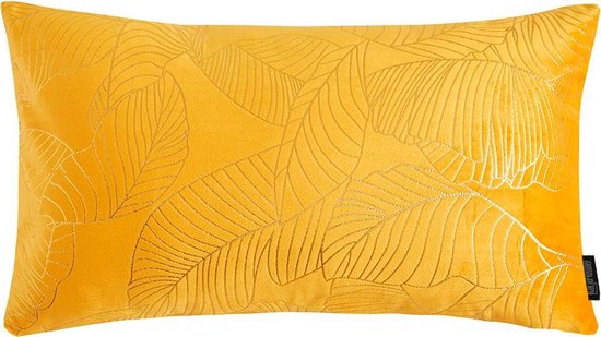 Housse de coussin longue feuilles de velours jaune | Velours / Polyester | 30 x 50 cm