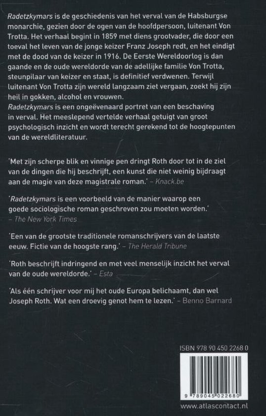 De achterkant van een boek, met tekst over 'Radetzkymars' en een barcode.