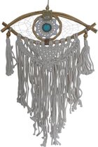 handgemaakte dromenvanger lengte 72 cm breedte 40 cm kleur blauw grijs beige wit rotan versierd met veren, raamdecoratie, muurversiering, wandecoratie. kado voor vrouw, kado voor man,