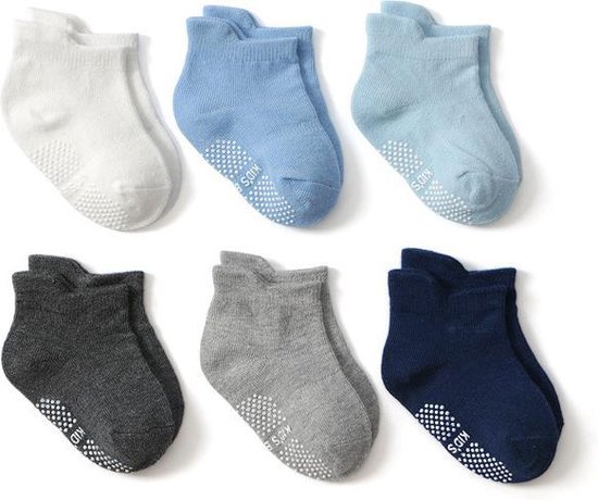 6 paar - Stevige Antislip sokken effen blauw grijs (1-3 jaar) - jongens baby  en... | bol.com
