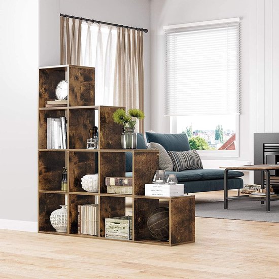 Foto: Boekenkast 10 vakken archiefkast kast kasten hout bruin industrieel 129 5 x 30 5 cmtrappenrek boekenkast met 10 blokjes ladderrek kubusrek vrijstaand rek ruimteverdeler voor kantoor woonkamer vintage donkerbruin