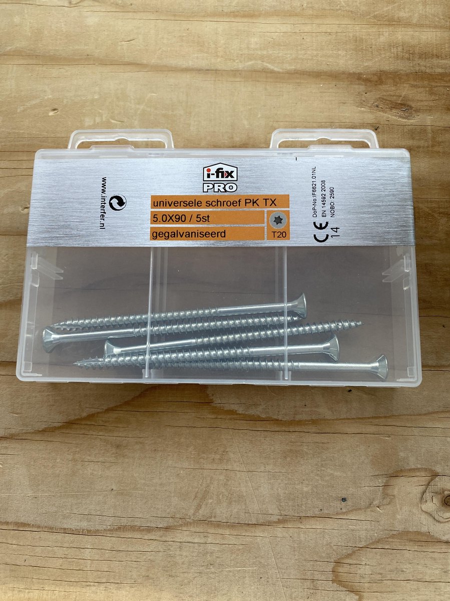 Hardhoutschroef. 5.0 x 90mm. lang. Platkop- Torx-30. Verzinkt. 5 stuks universele spaanplaat schroeven. Ifix.