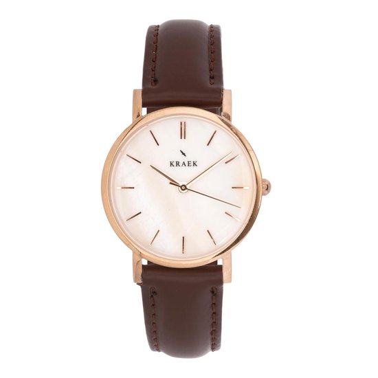 KRAEK Alice Rosé Goud Wit 32 mm | Dames Horloge | Bruin leren horlogebandje | Minimaal Design | Solis collectie