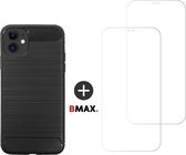BMAX Telefoonhoesje voor iPhone 11 - Carbon softcase hoesje zwart - Met 2 screenprotectors