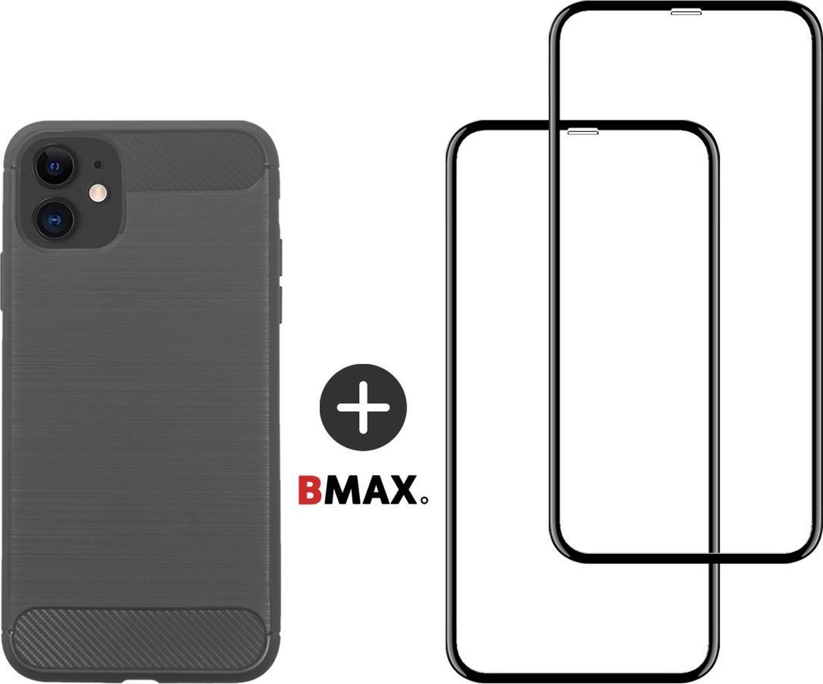 BMAX Telefoonhoesje voor iPhone 11 - Carbon softcase hoesje grijs - Met 2 screenprotectors full cover