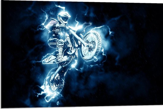 Dibond - Blauwe Tekening Motorcross - 90x60cm Foto op Aluminium (Wanddecoratie van metaal)