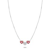 Twice As Nice Halsketting in zilver, 3 hartjes, 2 in rood kristal  43 cm