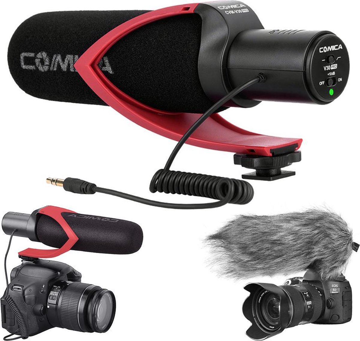 Comica CVM-V30 PRO richtmicrofoon voor camera — Shotgun microfoon Cardioïde — Met kabels, plopkap, windkap, shock mount & opbergzakje — Zwart/Rood