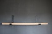 Staalsmid - Wandplank eikenhout - 35 mm dik x 98 cm - Haak steun - Zwart metaal