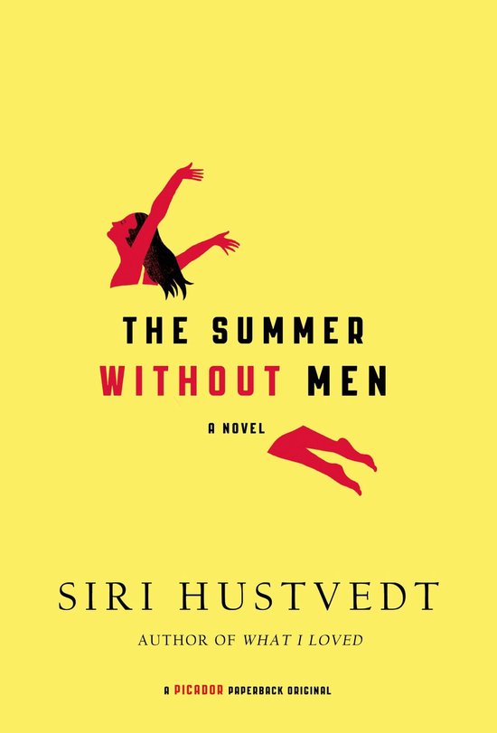 Boekcover van "The Summer Without Men" van Siri Hustvedt, met rode illustraties van een vrouw en benen op een gele achtergrond.