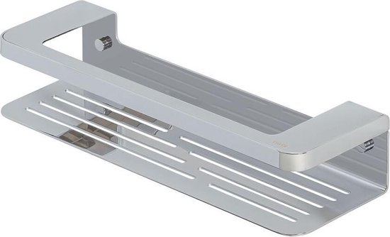 Étagère de douche Tiger chromée avec un fond plat et nervuré et un bord supérieur.