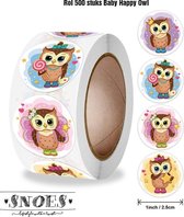 Snoes - sluitstickers 500 stuks - stickerrol - Vrolijke Uiltjes - beloningsstickers - stickers voor kinderen - schoolspullen - onderwijs - stickervellen - peuters - kleuters - Happy Baby Owl 