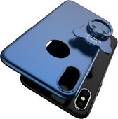 AIQAA voor iPhone X / XS effen kleur metaalverf kunststof PC valbestendige beschermhoes met beerringhouder (donkerblauw)