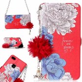 Voor Huawei P10 Lite Rode Achtergrond Chrysant Patroon Horizontale Flip Leather Case met Houder & Kaartsleuven & Parel Bloem ornament & Ketting