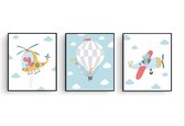 Poster Set 3 Dinosaurus in Helicopter Vliegtuig Luchtballon - Kinderkamer - Dieren  Dino Poster - Babykamer / Kinderposter - Babyshower Cadeau - Muurdecoratie - 50x40cm - Postercit