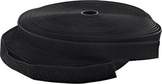 25 mm | zwart Zelfklevend klittenband, set bestaande uit 25 m lusband en 25 m haakband