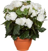 2x stuks witte Begonia kunstplant met bloemen 37 cm in grijze pot - Kunstplanten/nepplanten - Voor binnen