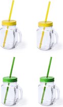 6x stuks Glazen Mason Jar drinkbekers met dop en rietje 500 ml - 3x geel/3x groen - afsluitbaar/niet lekken/fruit shakes