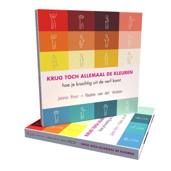 Twee boeken gestapeld, met de omslag van het bovenste boek dat de 16 gekleurde vakjes met lijnfiguren toont. De titel luidt 'KRIJG TOCH ALLEMAAL DE KLEUREN'.
