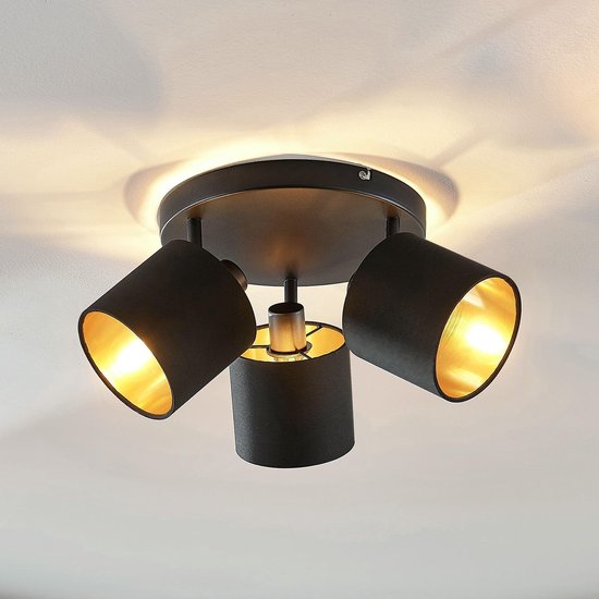 Lindby - plafondlamp - 3 lichts - stof, metaal - H: 19 cm - E14 - zwart, goud