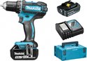Makita boor-/schroefmachine met 18V 5.0Ah accu, lader en teal Mbox koffer.