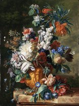 Kunst: Stilleven met bloemen, van Jan van Huysum, 1723. Schilderij op aluminium, formaat is 100X150 CM